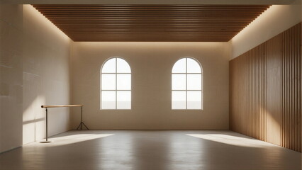 Spacious and bright empty room with arched windows and wooden elements
