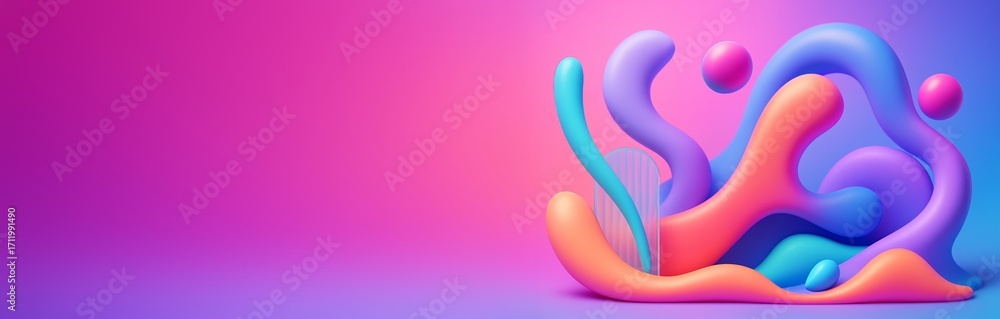 Poster abstract fluid shapes on right side with vibrant gradient pink to purple background and empty copysp