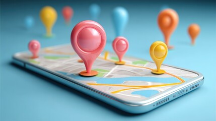 Smartphone with map, 3D Map pins, GPS, navigator pin checking points, 3D World Map icon, technology and application mobile smart phone with mobile, delivery tracking, transportation, generate by AI