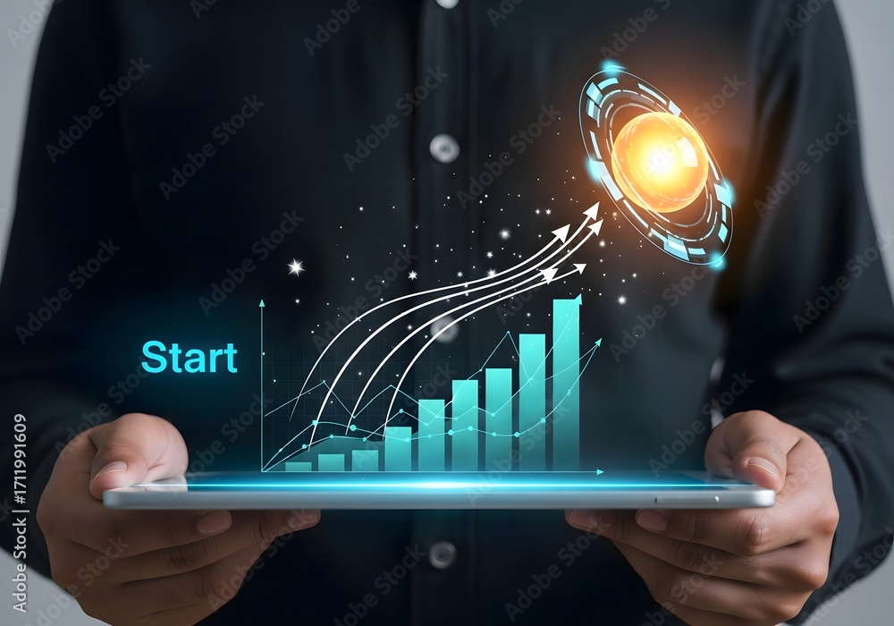 Poster person holding tablet displaying rising bar graph with arrows and glowing sphere graphic overlay