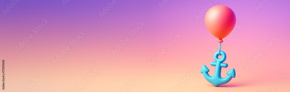Poster abstract concept with red balloon lifting blue anchor on pastel gradient background as creative meta