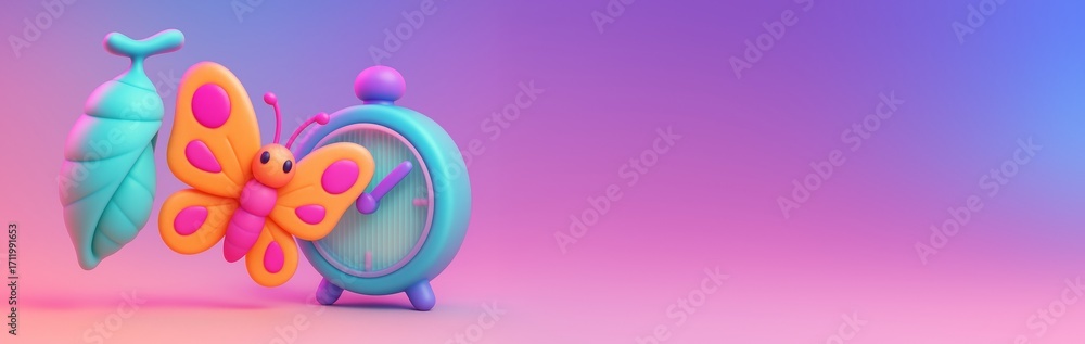 Poster colorful butterfly with cocoon and clock on pastel gradient background with empty copy space for des