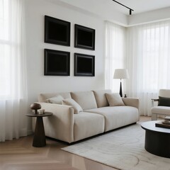 Modern Living Room with White Sofa and Decorative Wall Frames