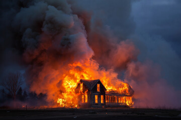 house engulfed in flames with thick smoke billowing into sky, creating dramatic and intense scene of destruction and chaos
