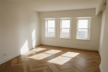 Bright and empty room with three windows and herringbone floor