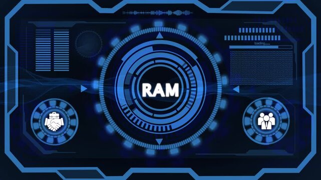 High-tech circular display with blue neon accents and RAM text random access memory technology