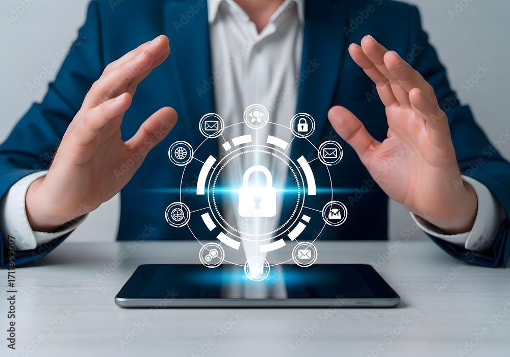 Poster person in suit with hands over tablet displaying digital lock and security icons in a circle glow
