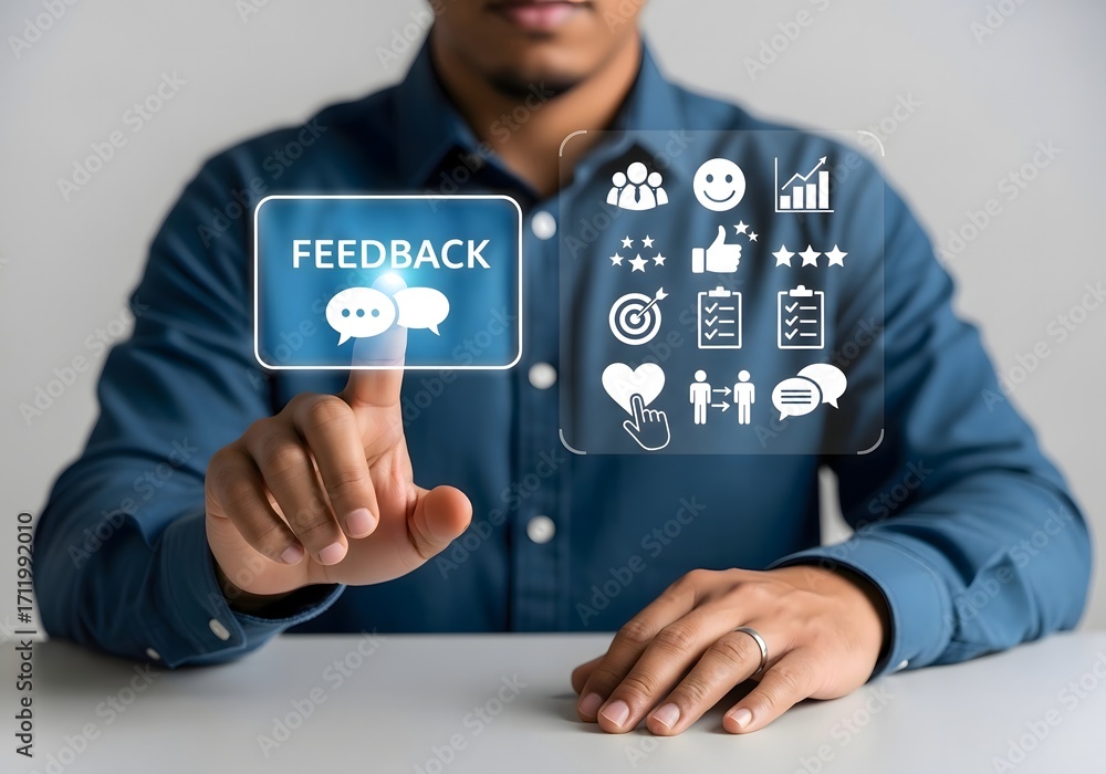 Poster Person interacting with a feedback interface featuring icons on a translucent display panel screen