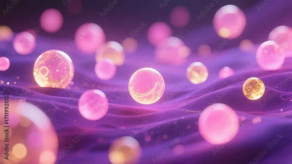 Poster abstract and colorful spherical objects floating in a purple background