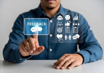 Person interacting with a feedback interface featuring icons on a translucent display panel screen