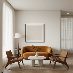Modern living room with mustard sofa and wooden armchairs
