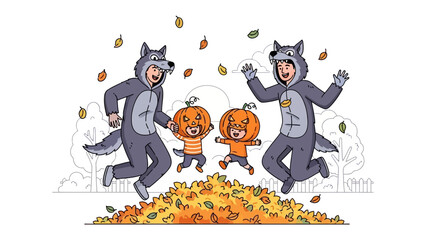 Fototapeta premium Autumnal Frolic: Delightful Illustration of Children and Adults revel in a joyful Halloween scene, adorned in playful costumes.