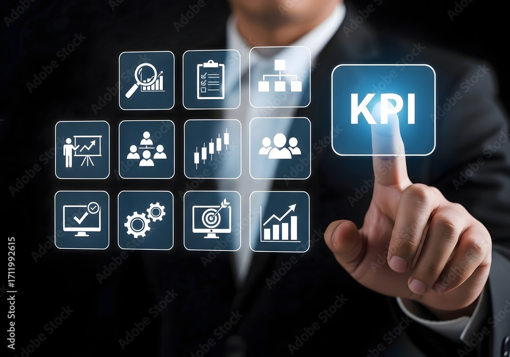 Poster a businessman touching a kpi button on a virtual interface with business related icons around it