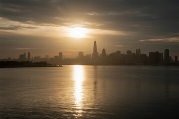 Fototapeta premium Sunset over the city skyline with water reflecting the sun