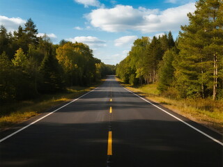 Fototapeta premium A peaceful country road surrounded by lush green trees under a clear sky