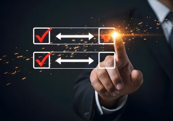 A finger touching a square with a check mark and arrows in a dark background with sparkles around it