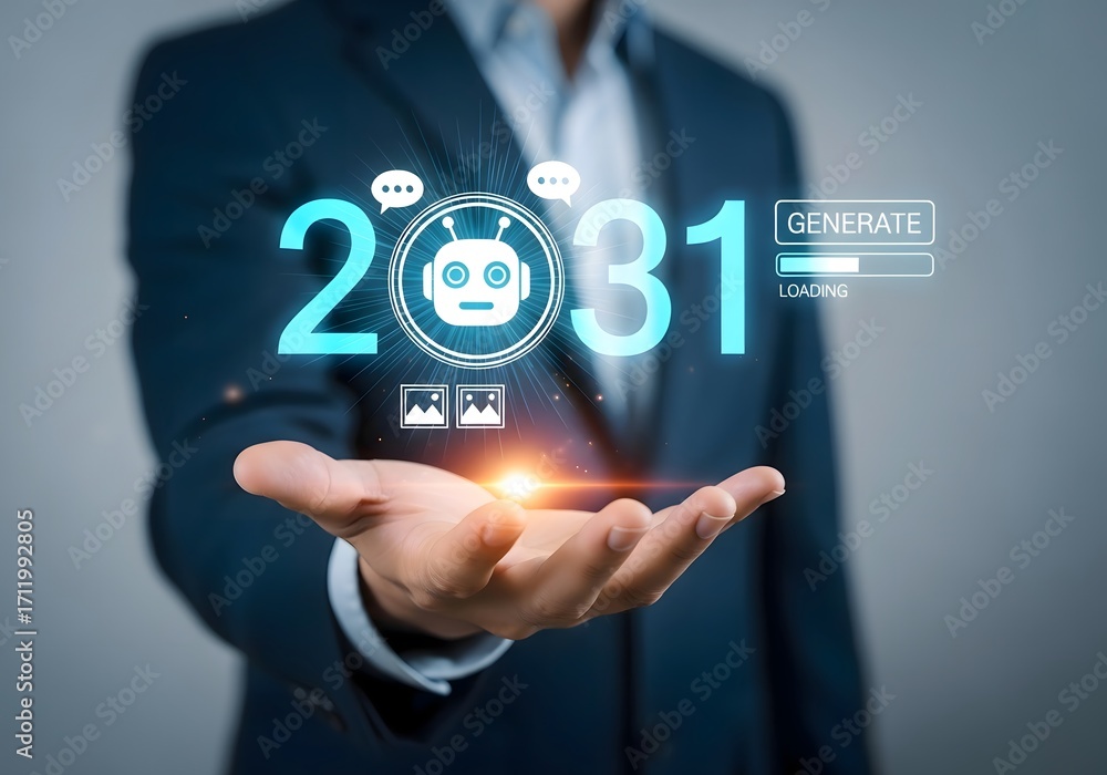 Aufkleber a man in a suit holding a futuristic display with the year 2031 and a robot icon hovering above his 