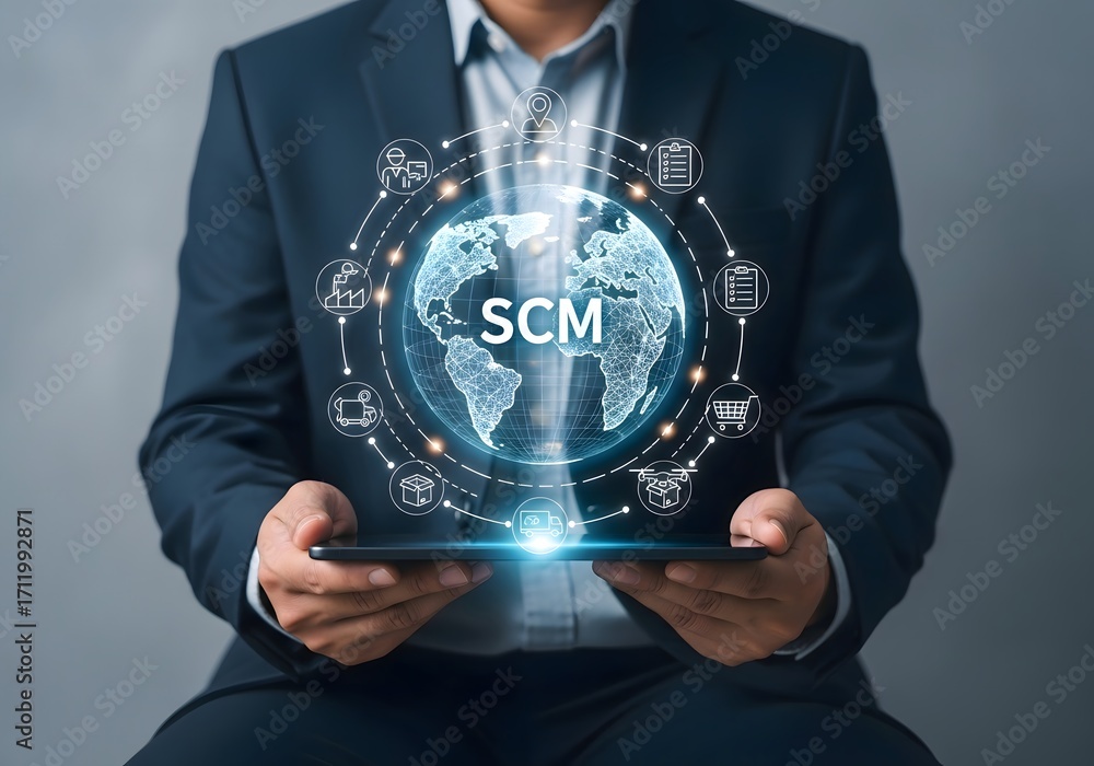Poster a man in a suit holds a tablet displaying scm and logistics icons around a world map hologram
