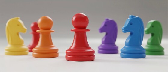 Colorful plastic chess pieces arranged in a strategic game setup