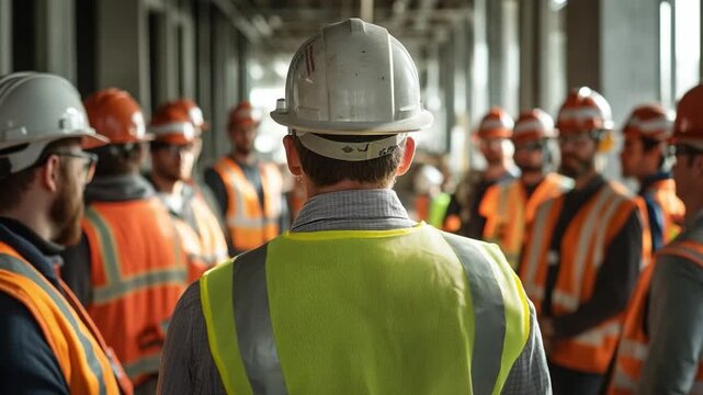 Construction Meeting: A construction supervisor in a yellow vest addresses a team of construction workers in a construction site.