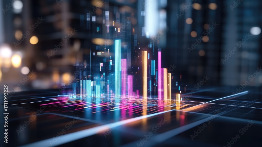 Poster a modern digital data visualization featuring vibrant graphs and analytics in a high-tech urban envi