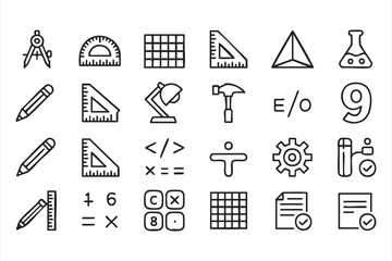 Math and science symbol set including coding and education icons in vector style