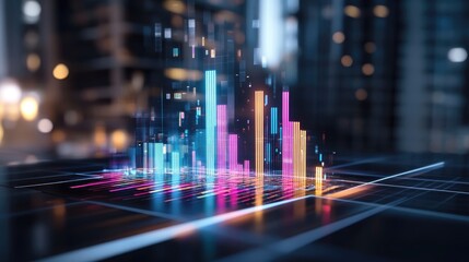A modern digital data visualization featuring vibrant graphs and analytics in a high-tech urban environment, illustrating the dynamic nature of information in today's world.
