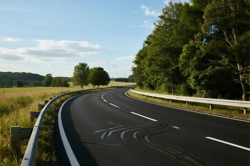A smooth curved road surrounded by lush green trees under a clear sky