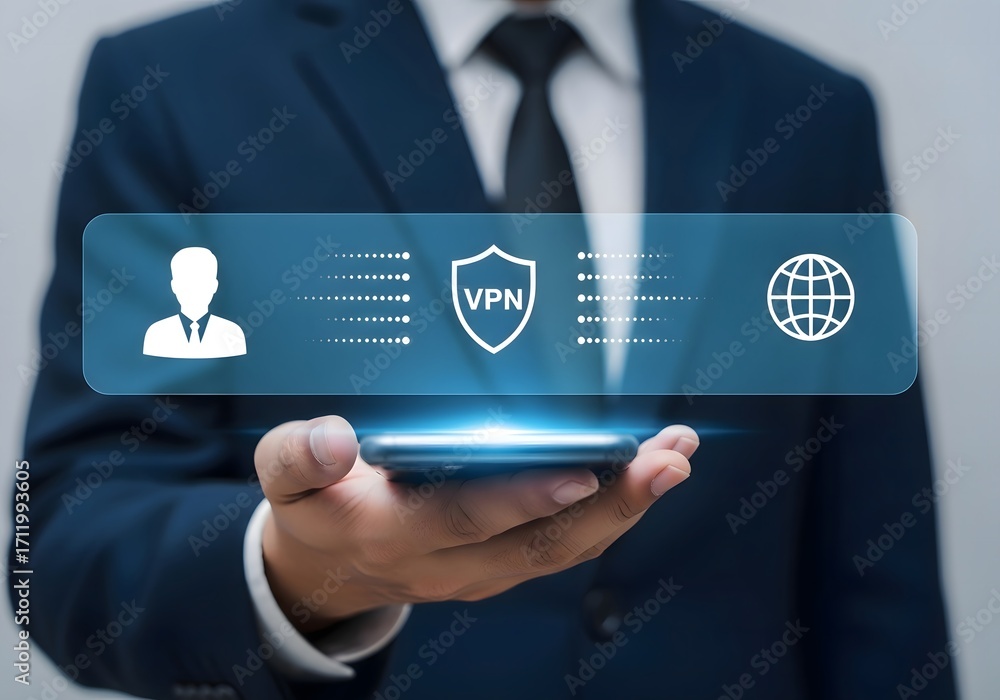 Poster a person holding a phone with a vpn shield icon and user and globe icons displayed on the screen