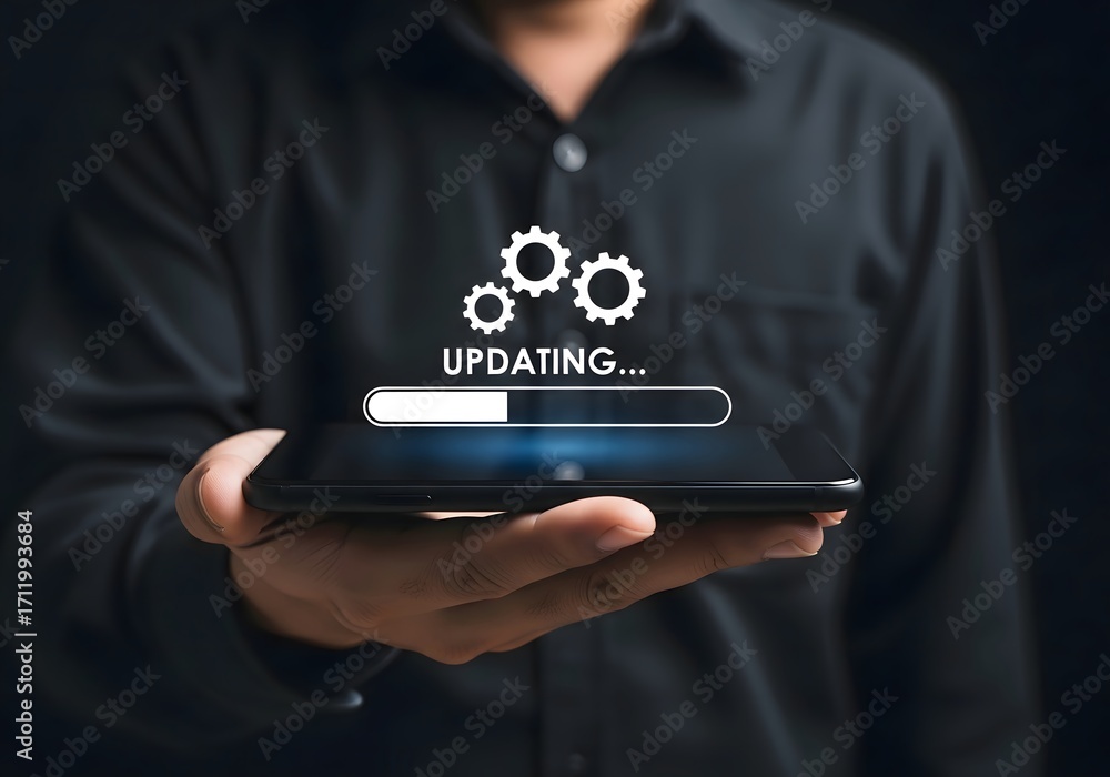 Poster a person holding a smartphone displaying an updating screen with gears and a progress bar icon