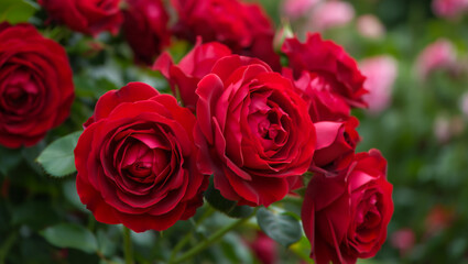 Close up of vibrant red roses blooming in a garden