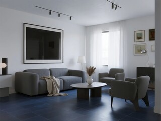 Modern living room with gray sofa and blue floor