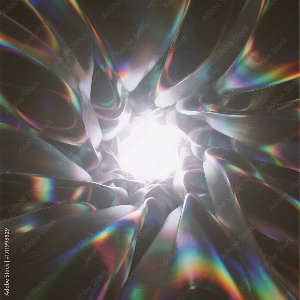 Poster vibrant iridescent light patterns through abstract geometric structure