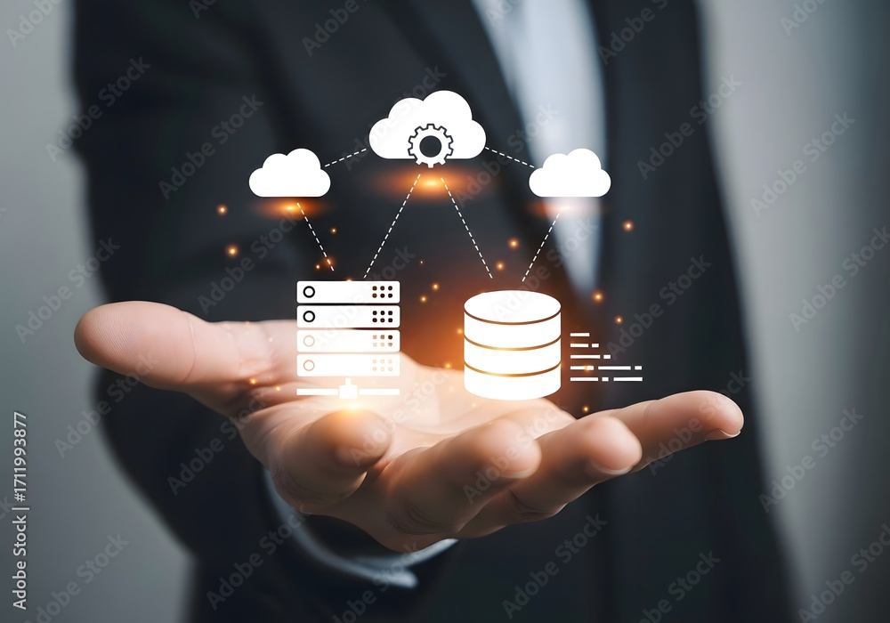 Poster a person holding cloud computing and server icons in their hand representing data management system
