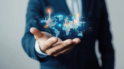 A businessman holds a digital globe with rising graphs and data visualizations, symbolizing global growth and technology in today's economy. A focus on innovation and strategy.
