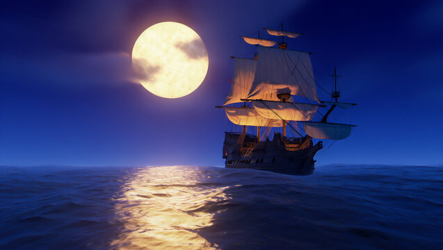 Majestic tall ship sails under a glowing full moon at sea