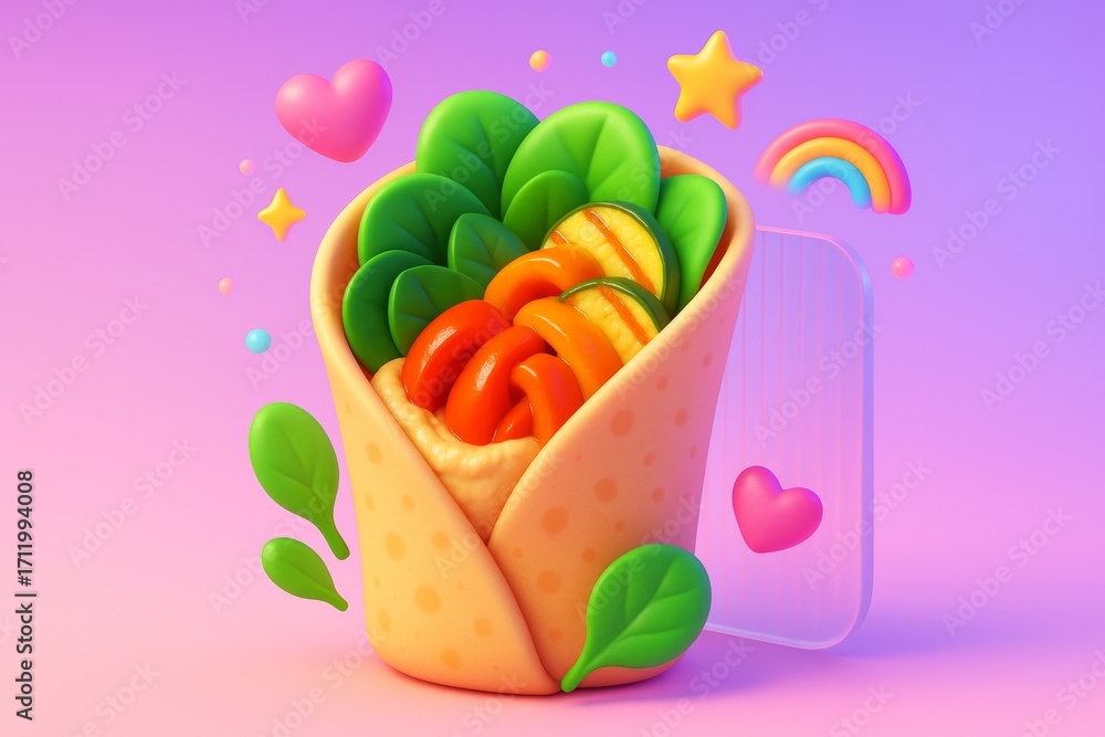 Poster cute vegetable wrap with colorful toppings and smiling icons on a pink-purple background in playful,