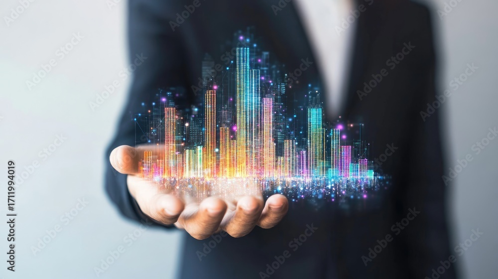 Poster A businessman holds a colorful graph representing data analytics and growth. The vibrant bars illustrate progress and innovation in modern technology and finance.