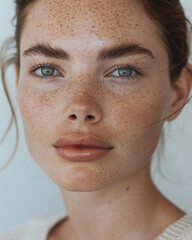 Close-up portrait of a woman with glowing skin, natural freckles, minimal makeup, soft daylight, neutral warm gray background, calm and elegant expression