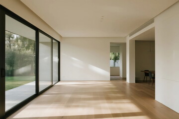 Modern interior space with large glass windows and wooden floors