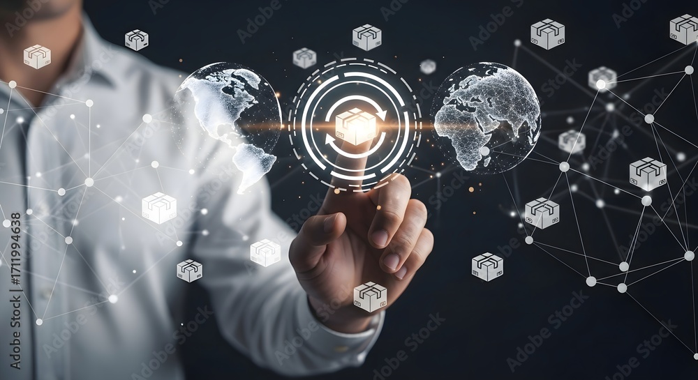 Poster a person interacting with a digital interface showing globes and shipping box icons in a network