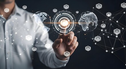 A person interacting with a digital interface showing globes and shipping box icons in a network