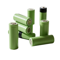 A group of green cylindrical lithium-ion batteries for power storage