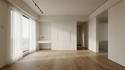Obraz premium Modern and minimalist empty room with wooden floor and large windows