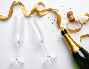 Champagne bottle and glasses with gold ribbon on white marble background.