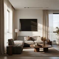 Modern living room with large window and comfortable sofa