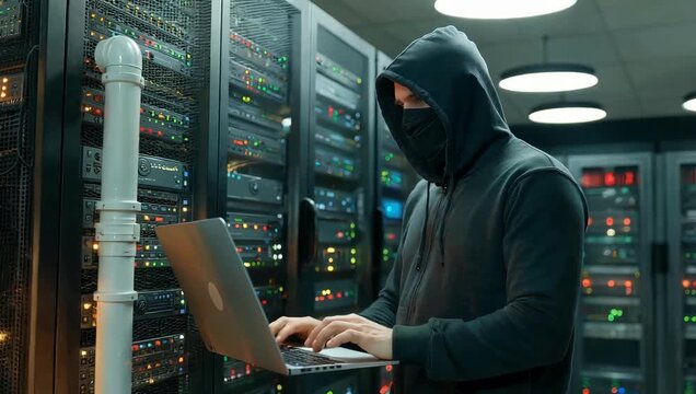 Hooded hacker with a face mask uses a laptop in a server room to perform a cyber attack on a network system with blinking lights and data cables in a secure data center environment - Powered by Adobe