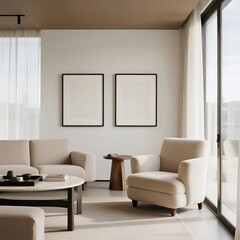 Modern minimalist living room with neutral tones and large windows