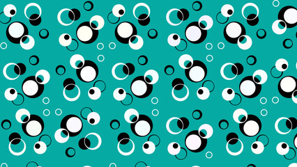 Seamless pattern featuring circles and rings in black white and teal creating a retro aesthetic look