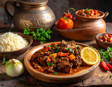 A table spread featuring lahoh, stewed meat, and fresh vegetables symbolizing Djiboutian culture.
